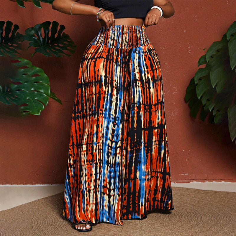 Plus-size tie-dye print pleated high-waisted wide-leg pants