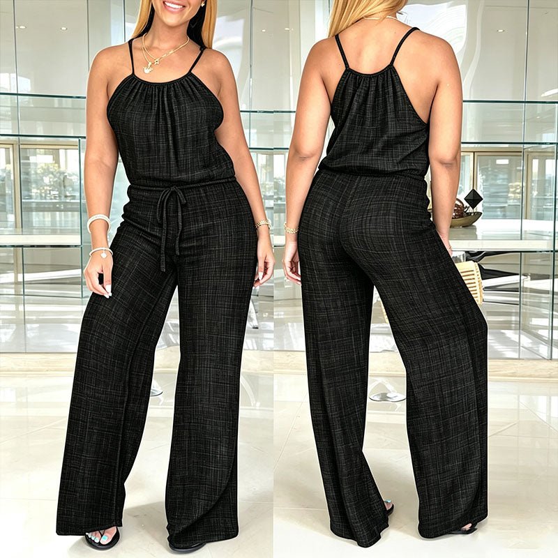 Sleeveless spaghetti strap tie-waist wide-leg jumpsuit