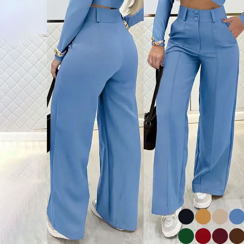 Double-button high-waisted straight-leg suit pants