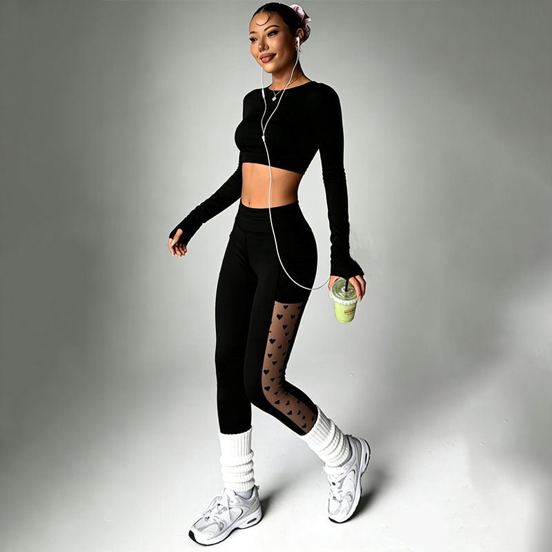 High-waisted geometric mesh yoga pants