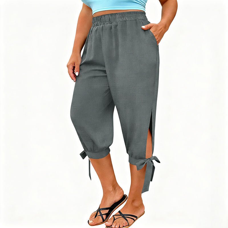 Side-slit elastic waist plus size capri pants