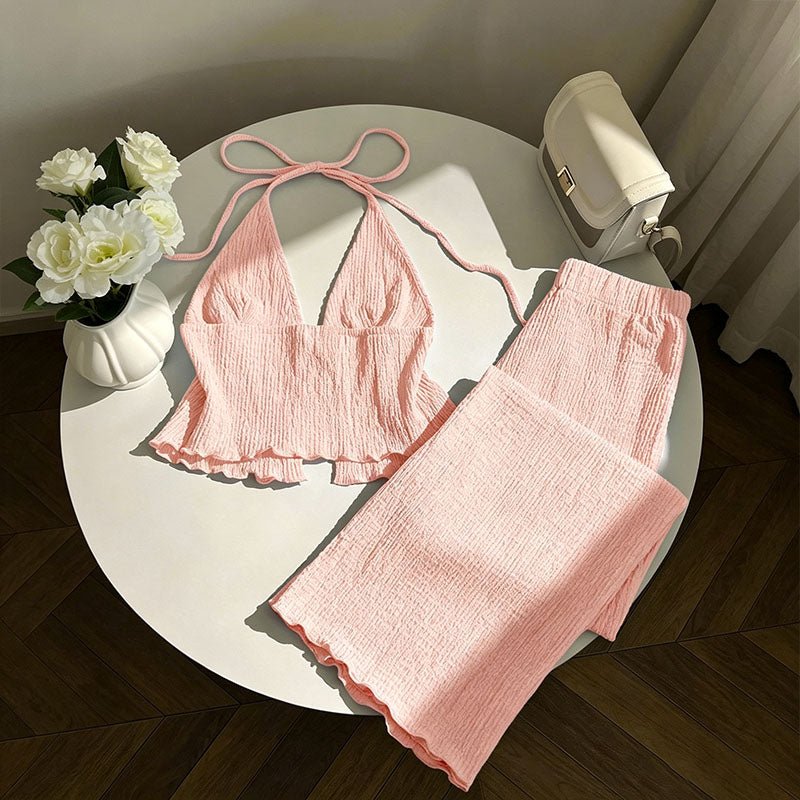 Textured deep V-neck tie-front top and wide-leg pants set