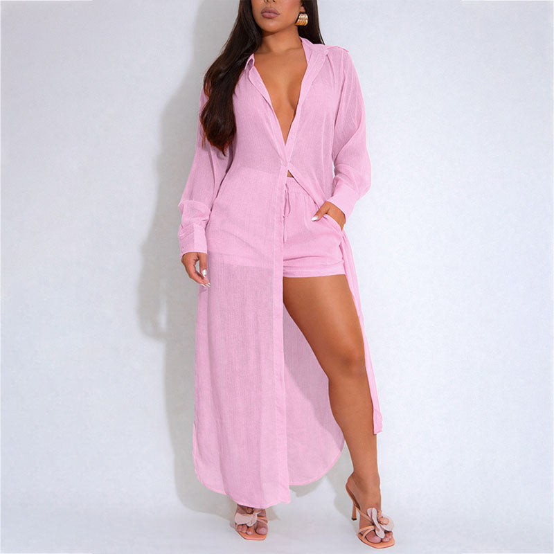Sheer long-sleeved side-slit long shirt and shorts set