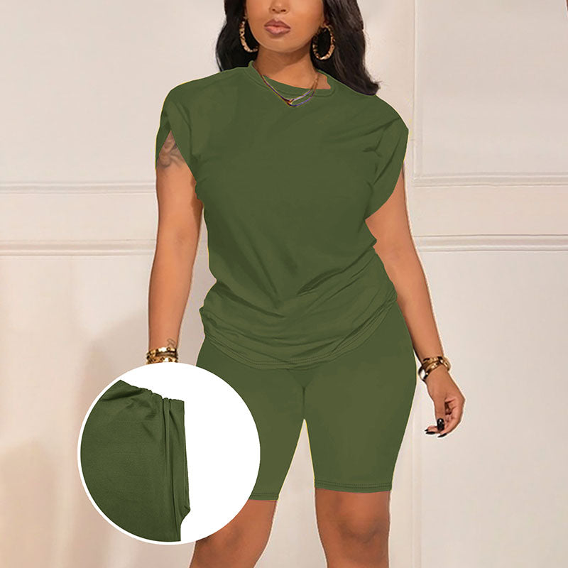 Front-pleat top and high-waisted slim-fit shorts set