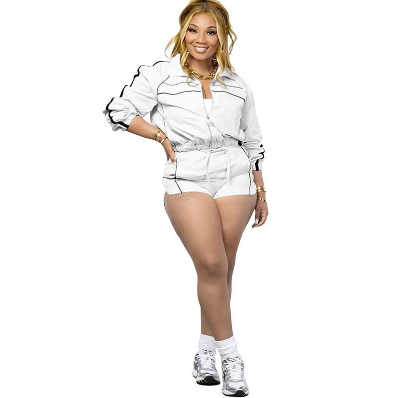 Casual long-sleeve zip-up and shorts set