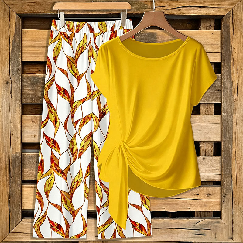 Knot-front short-sleeve top and wide-leg pants set