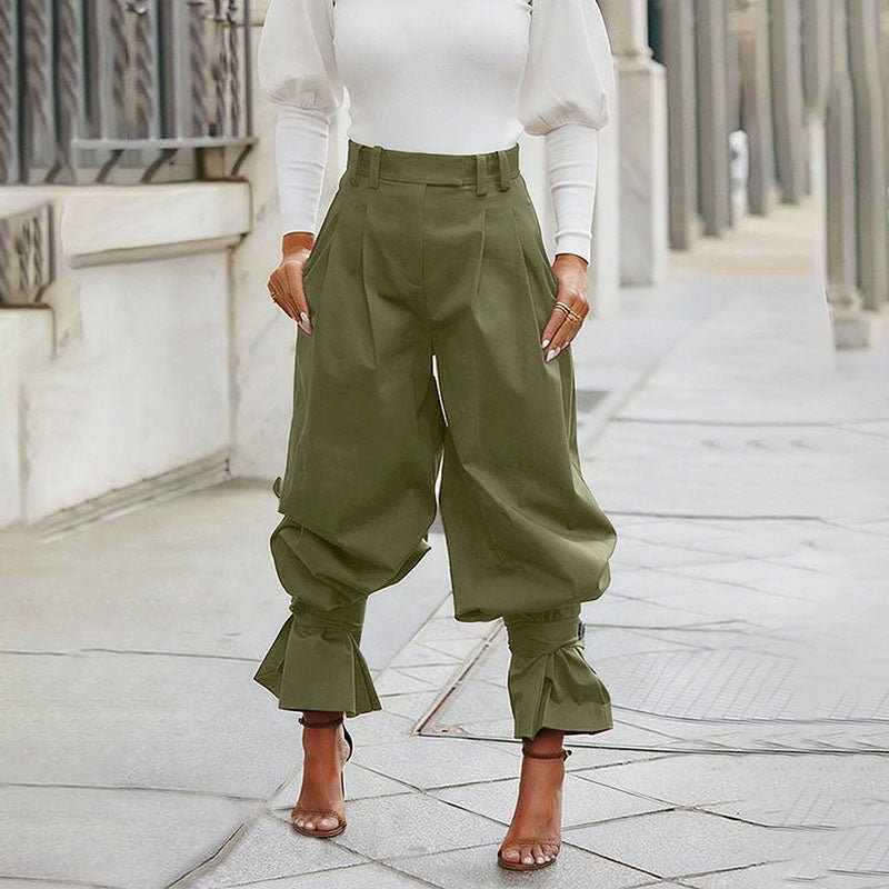 High-waisted loose-fit ruffled trousers