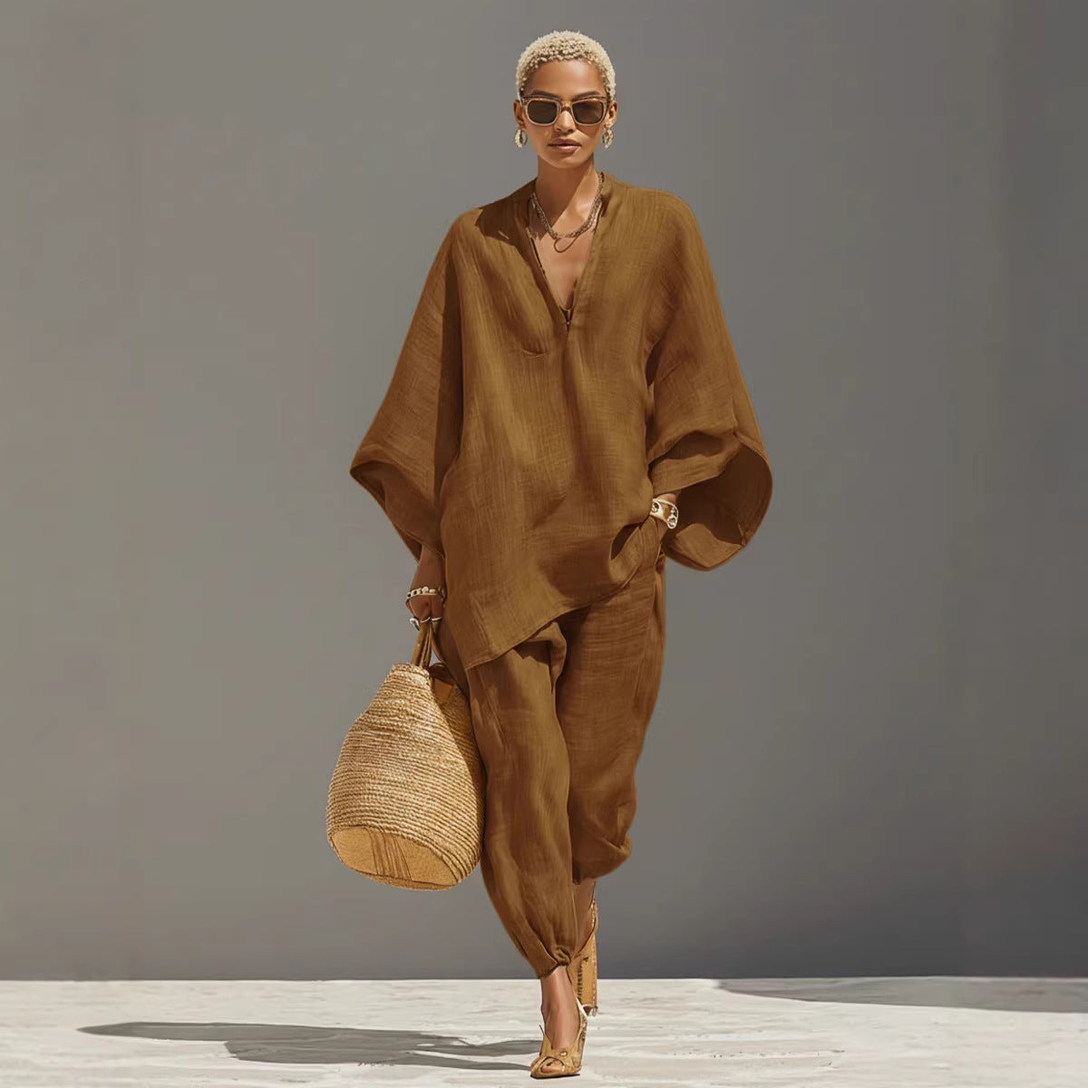 V-neck batwing-sleeve top and trousers set