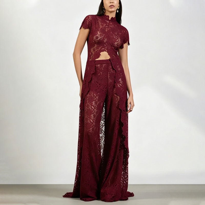 Ruffled lace front-slit top and wide-leg pants set