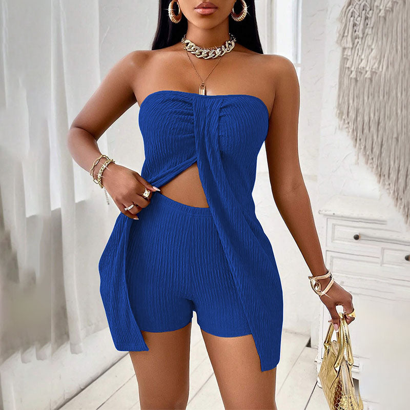Pleated-texture strapless top and shorts set