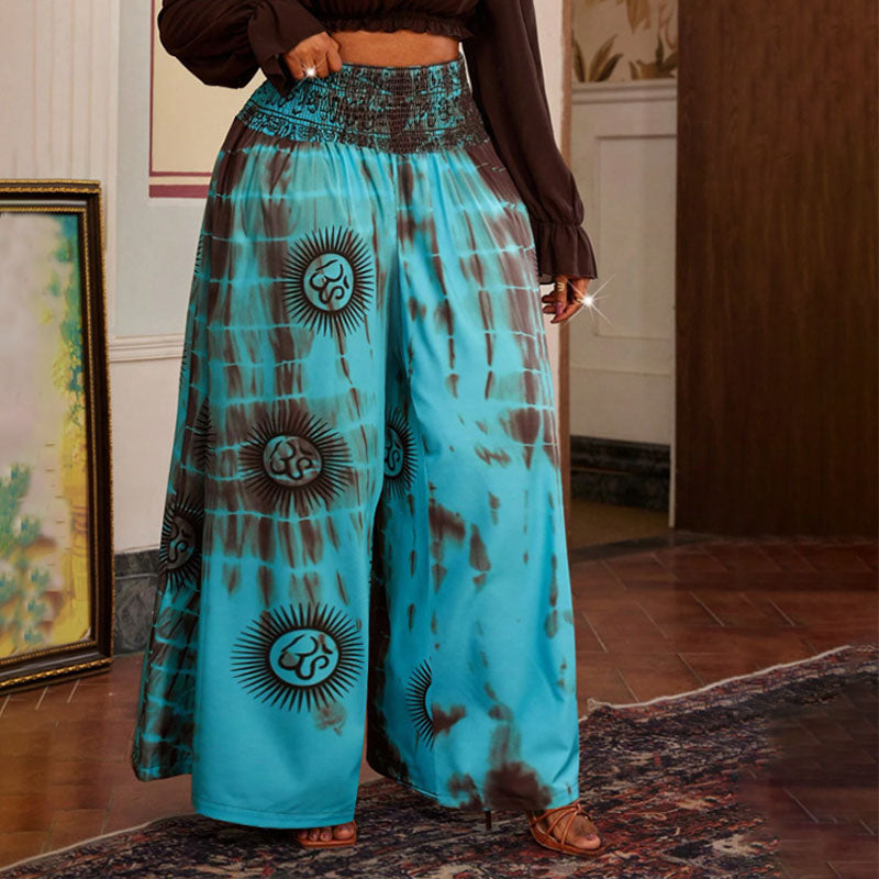 Plus-size tie-dye print pleated high-waisted wide-leg pants