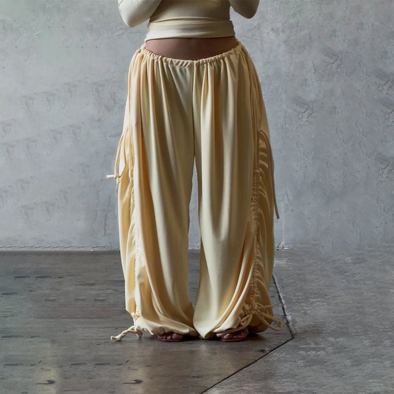 Side-drawstring ruched wide-leg trousers