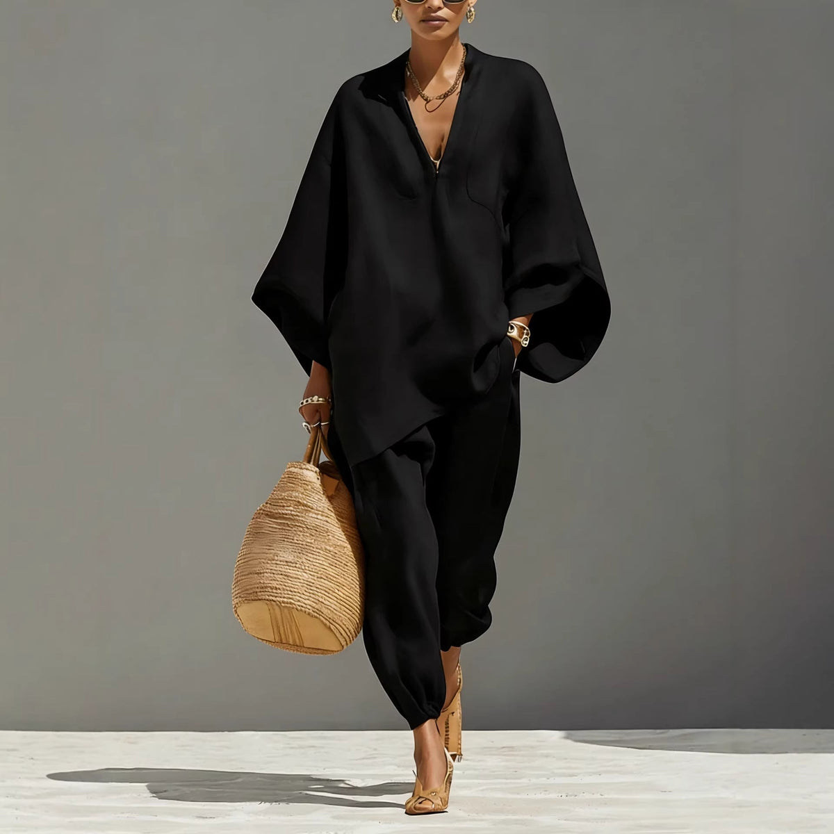 V-neck batwing-sleeve top and trousers set