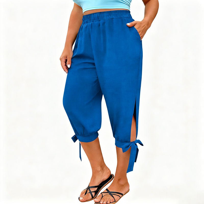 Side-slit elastic waist plus size capri pants