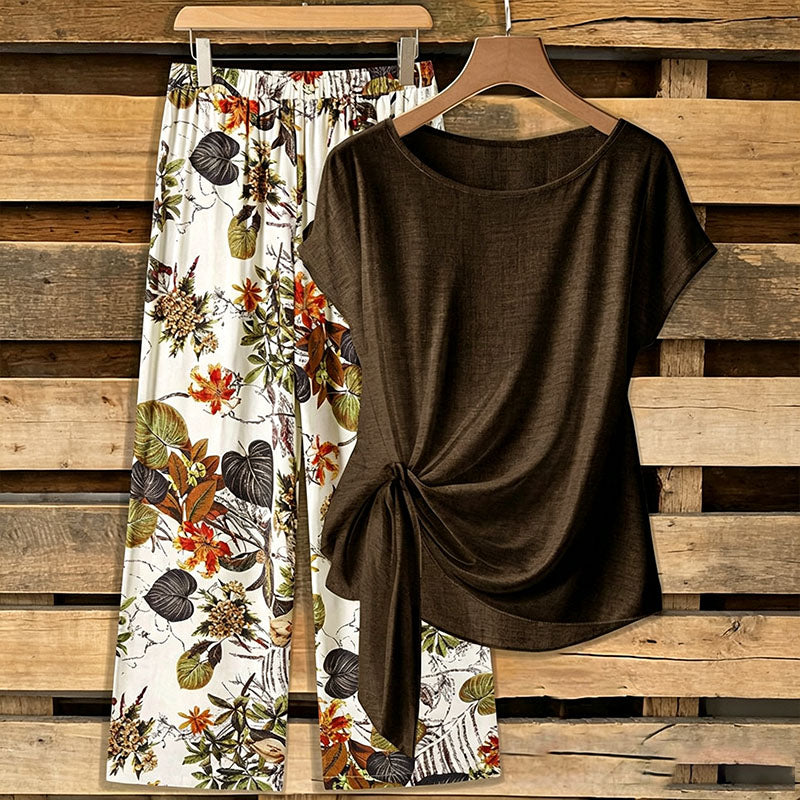 Knot-front short-sleeve top and wide-leg pants set