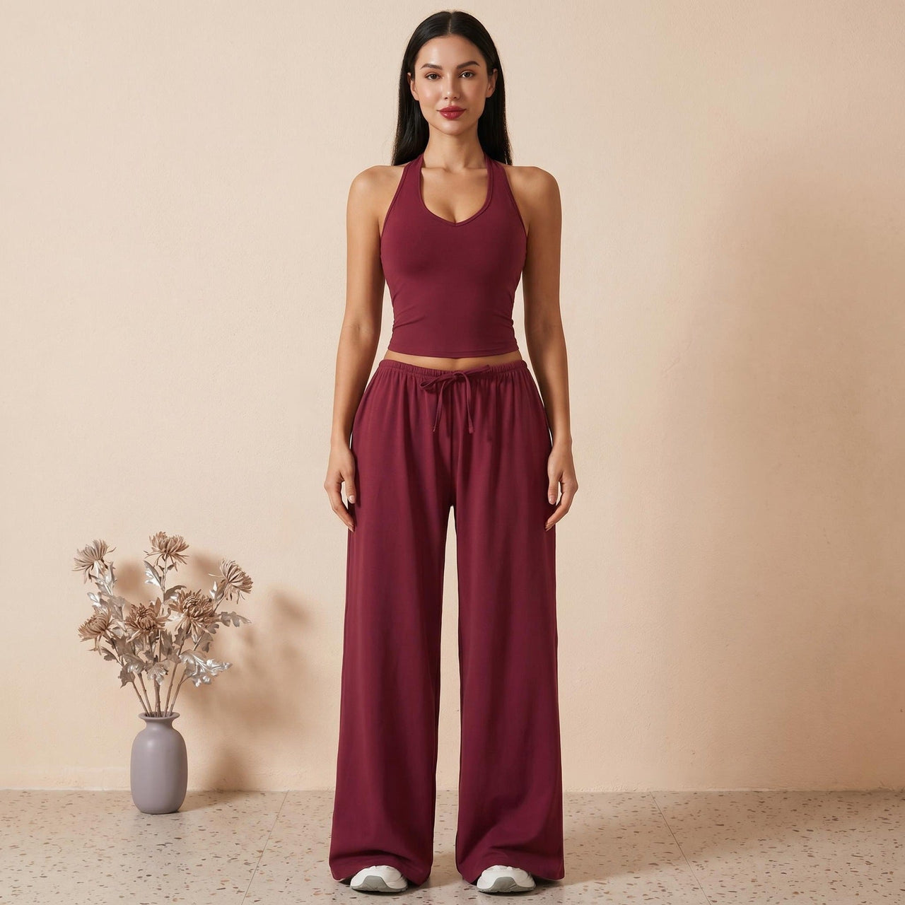 Sporty halter neck top and drawstring pants two-piece set