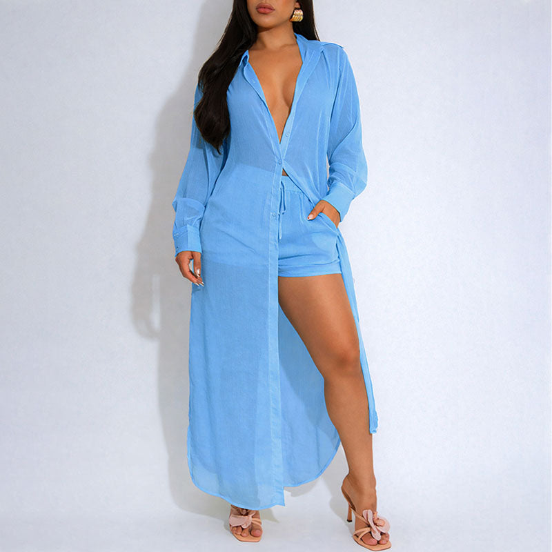 Sheer long-sleeved side-slit long shirt and shorts set