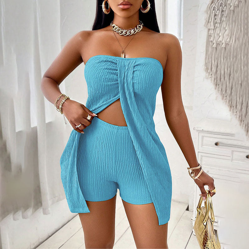Pleated-texture strapless top and shorts set
