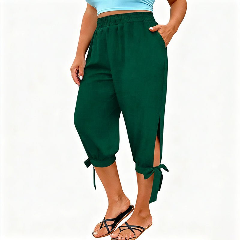 Side-slit elastic waist plus size capri pants