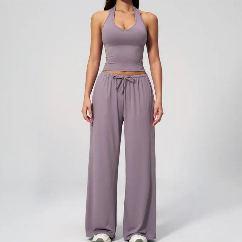Sporty halter neck top and drawstring pants two-piece set
