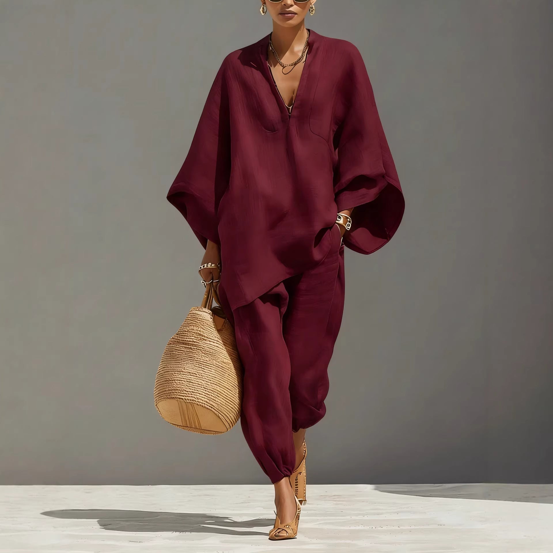V-neck batwing-sleeve top and trousers set