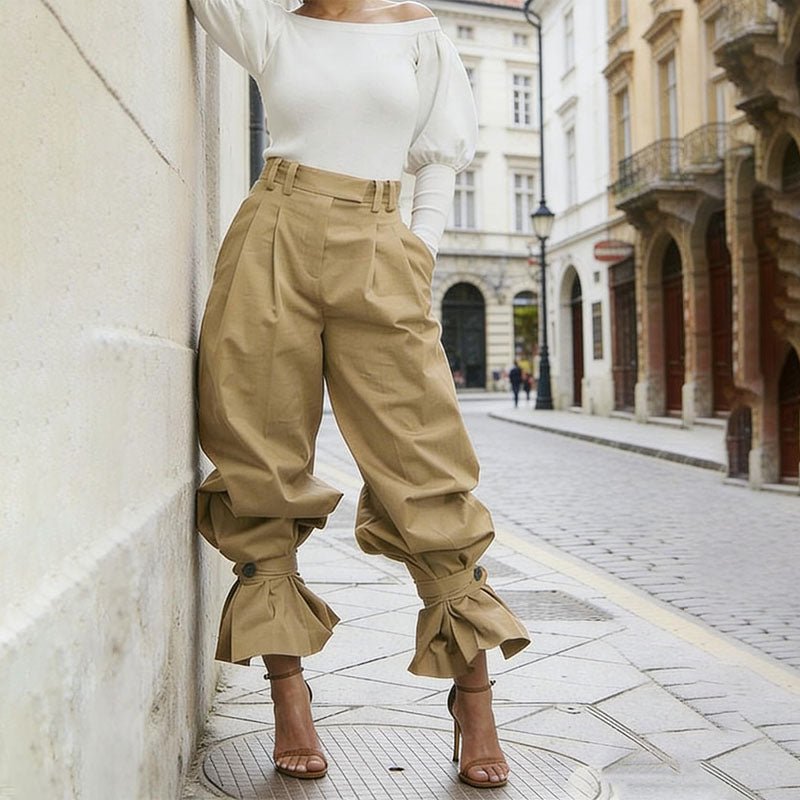High-waisted loose-fit ruffled trousers