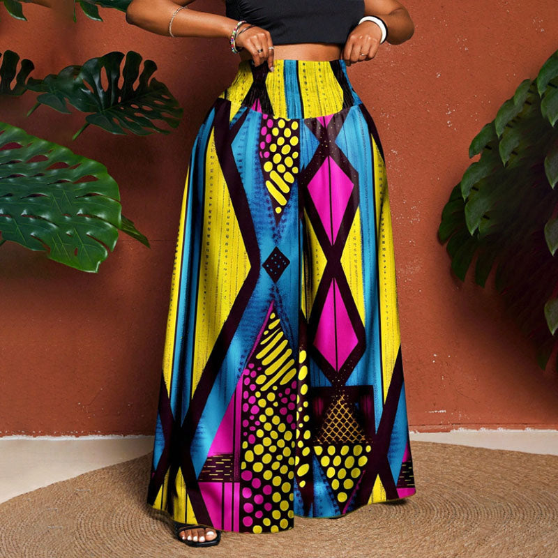 Plus-size tie-dye print pleated high-waisted wide-leg pants