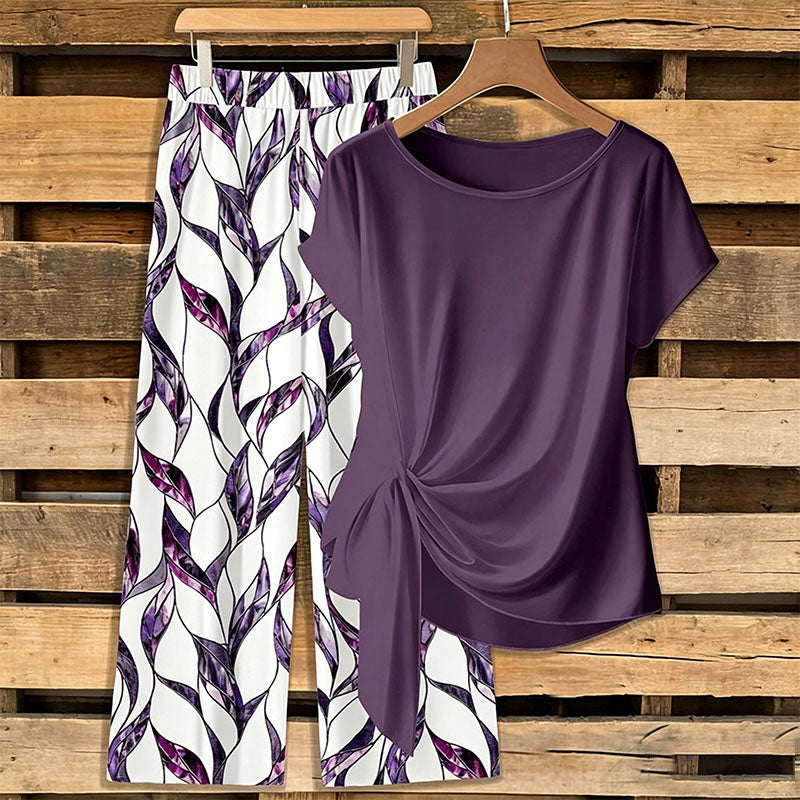 Knot-front short-sleeve top and wide-leg pants set