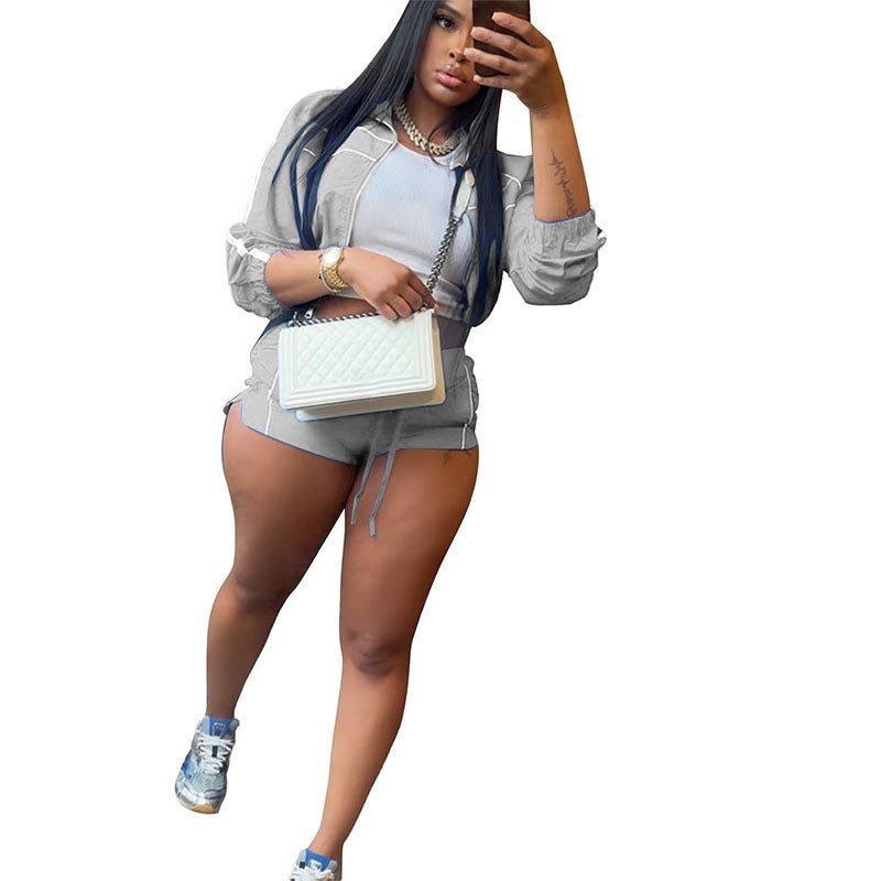 Casual long-sleeve zip-up and shorts set