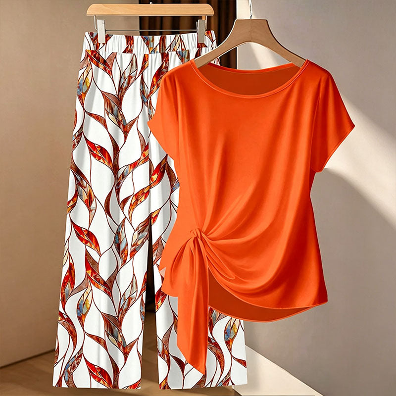Knot-front short-sleeve top and wide-leg pants set