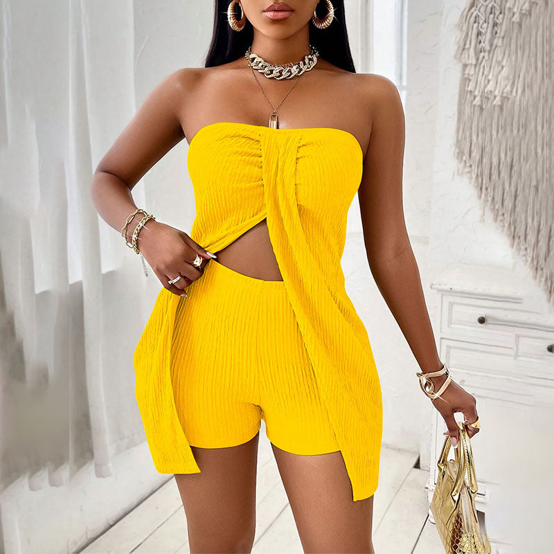 Pleated-texture strapless top and shorts set