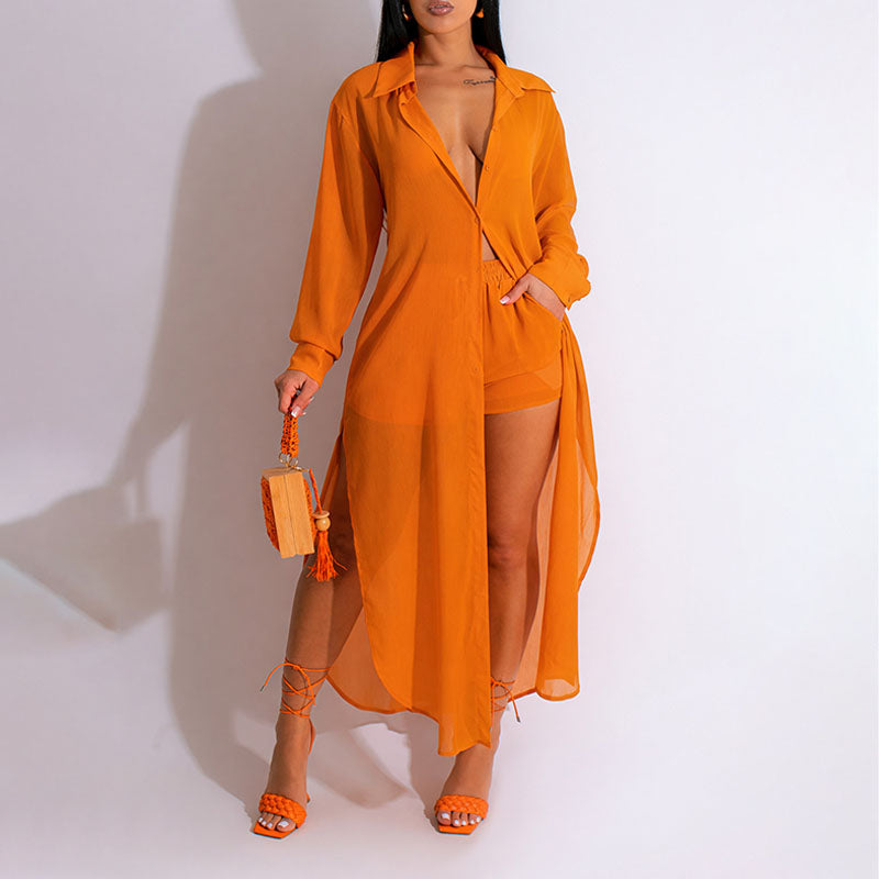 Sheer long-sleeved side-slit long shirt and shorts set
