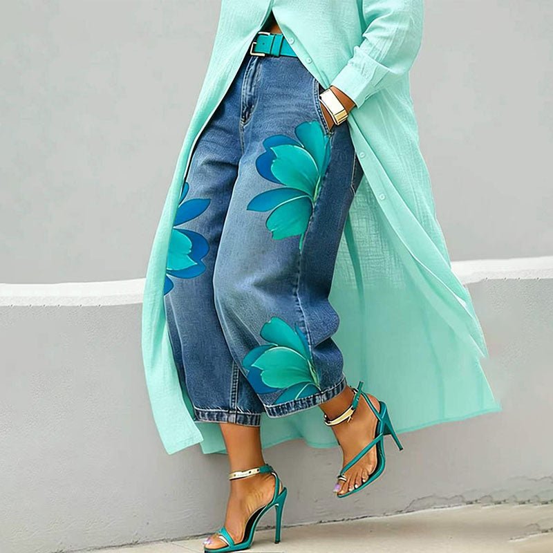 Printed straight-leg wide-leg cropped jeans