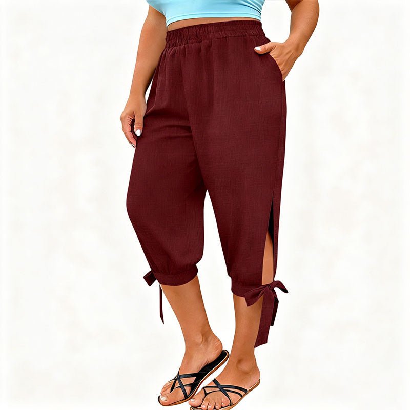 Side-slit elastic waist plus size capri pants