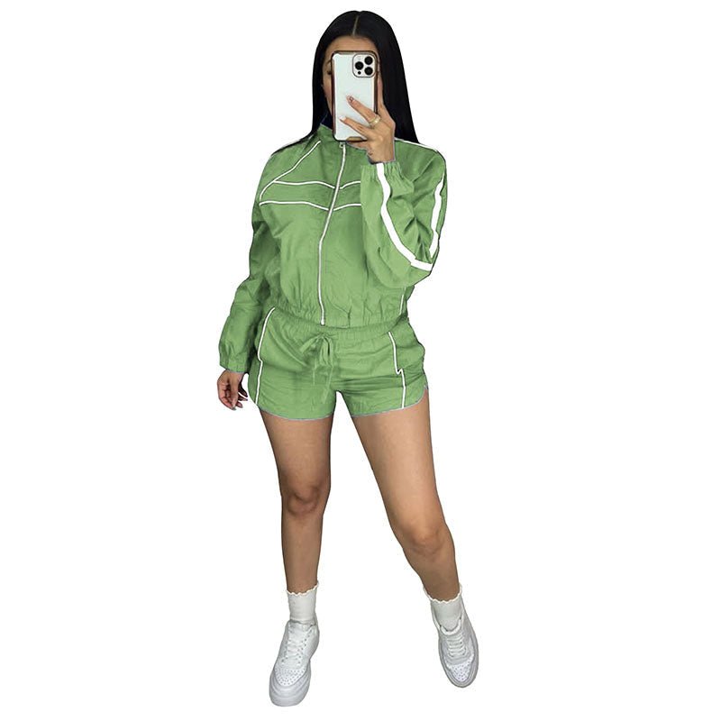 Casual long-sleeve zip-up and shorts set