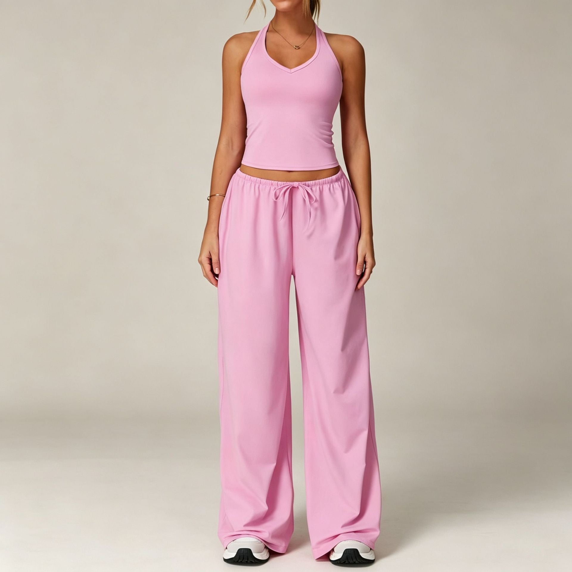 Sporty halter neck top and drawstring pants two-piece set