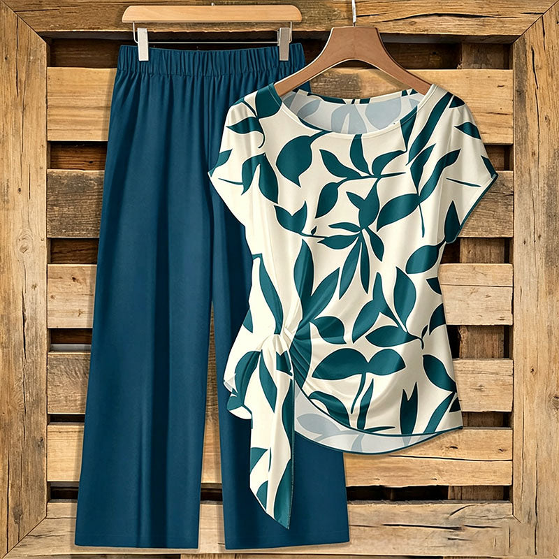 Knot-front short-sleeve top and wide-leg pants set
