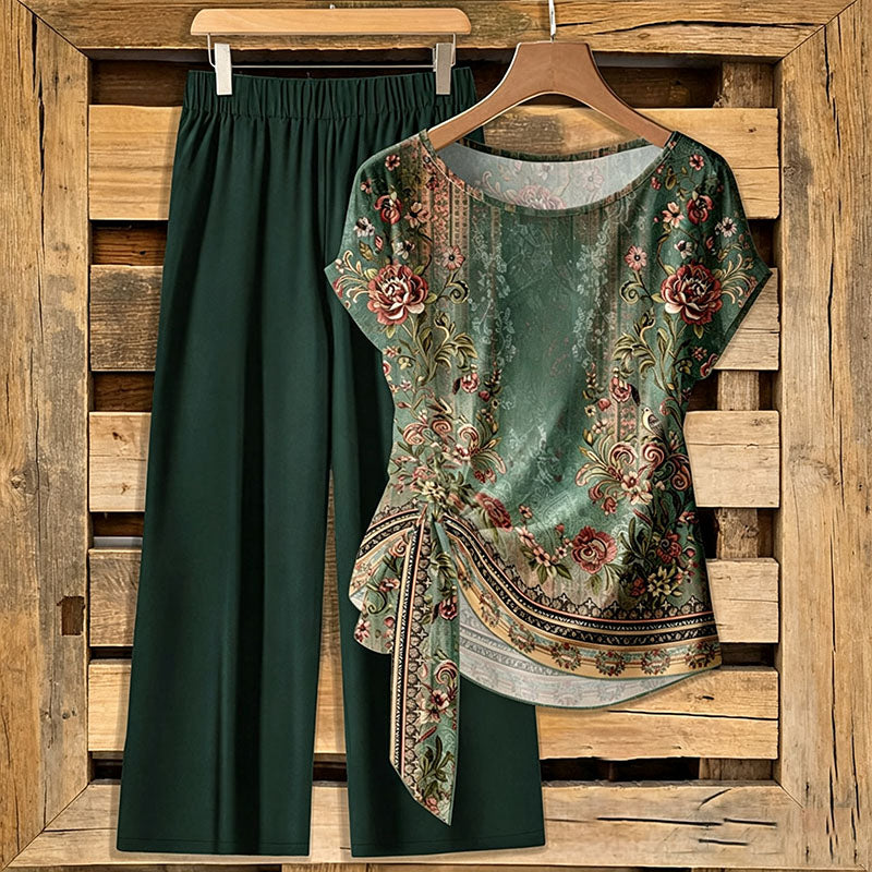 Knot-front short-sleeve top and wide-leg pants set