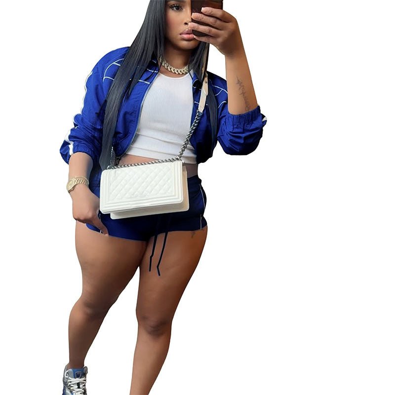Casual long-sleeve zip-up and shorts set