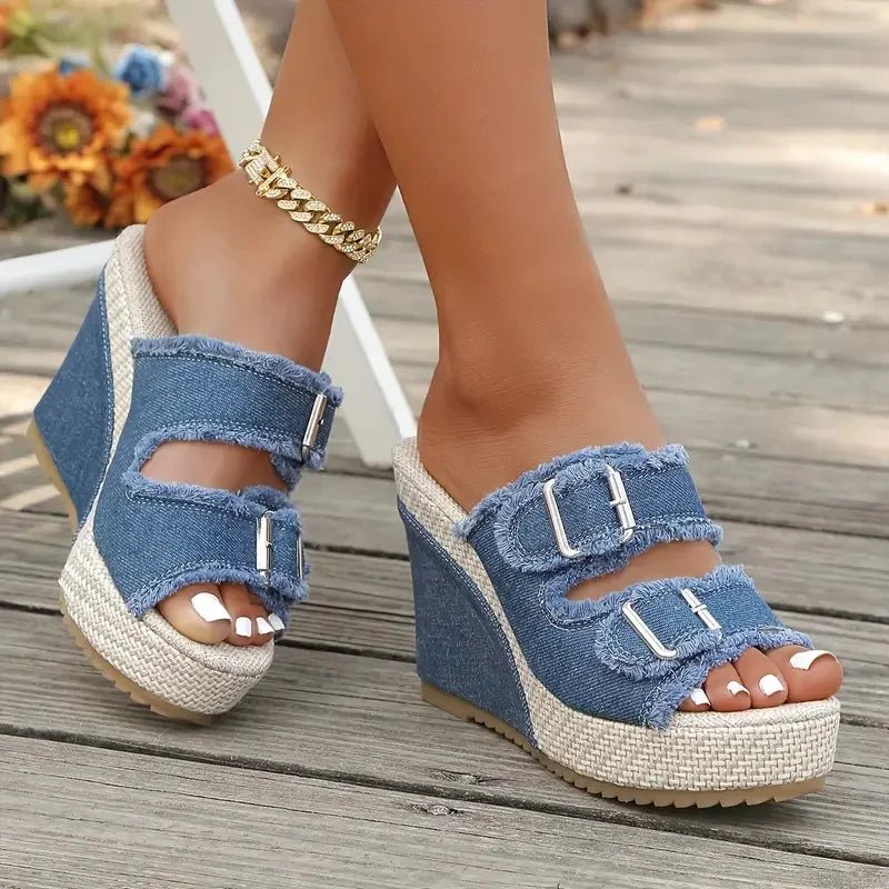 Atelier Denim Fray-Edge Wedge Sandals