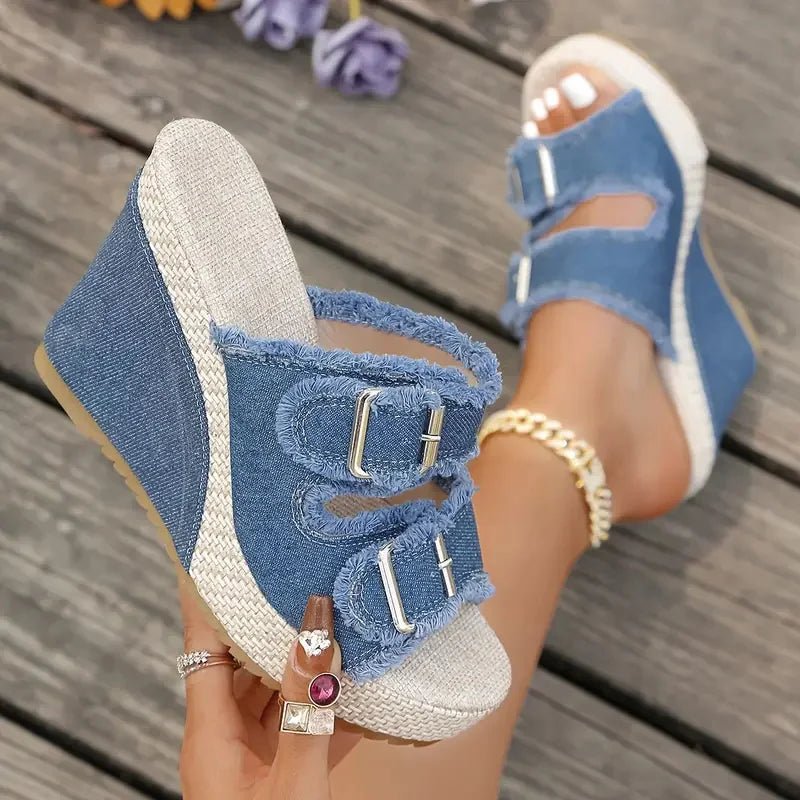 Atelier Denim Fray-Edge Wedge Sandals