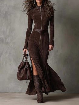 Vintage Brown Zipper Belted Maxi Dress（Includes belt）