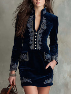 Vintage Embroidered Fitted Velvet Mini Dress