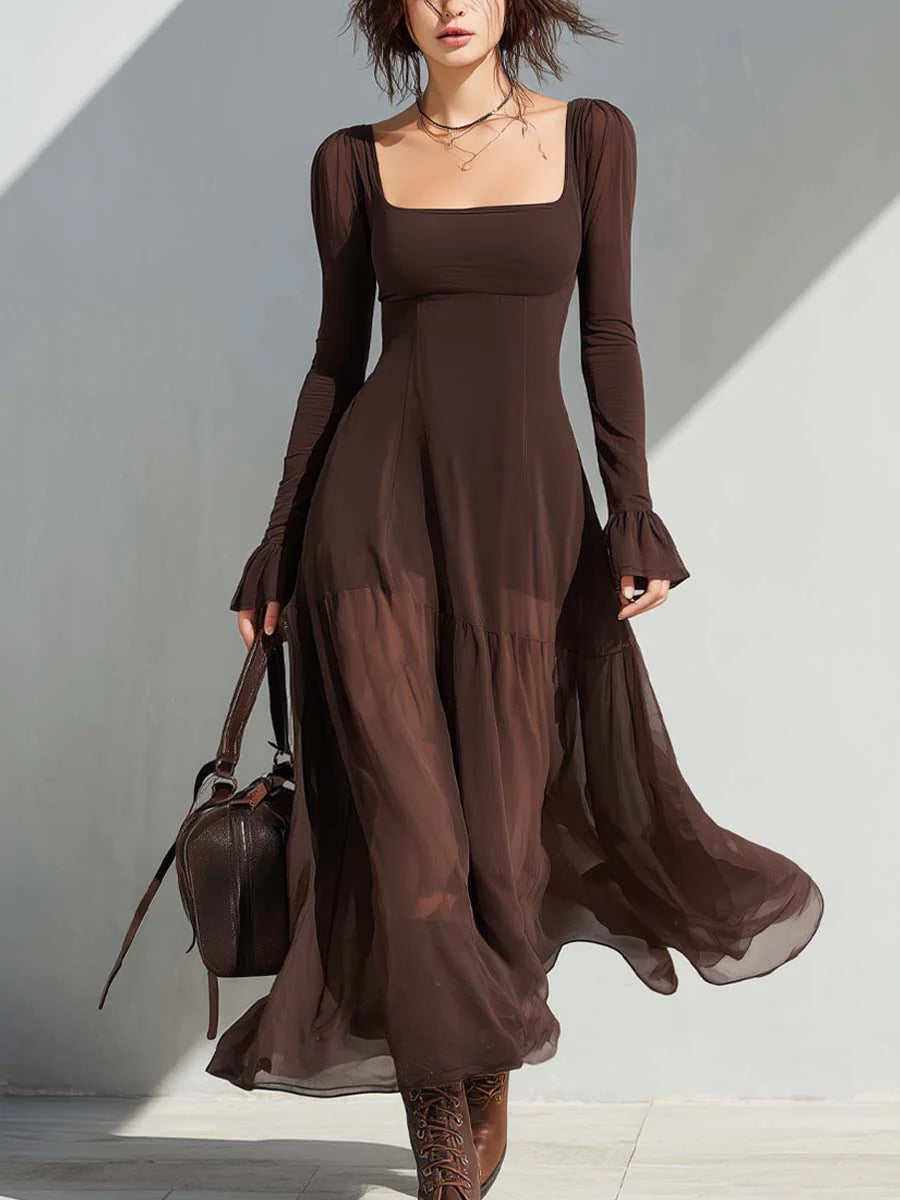 Vintage Square-neck Sheer Sleeves Flare Midi Dress
