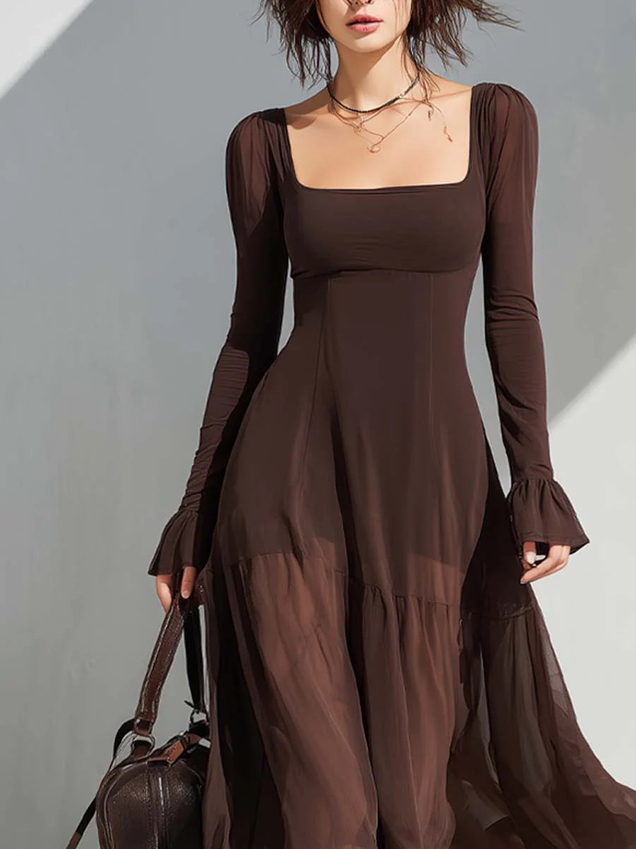 Vintage Square-neck Sheer Sleeves Flare Midi Dress