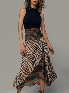 Vintage Zebra Print Patchwork Sleeveless Midi Dress
