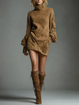Vintage Loose Suede Turtleneck Mini Dress