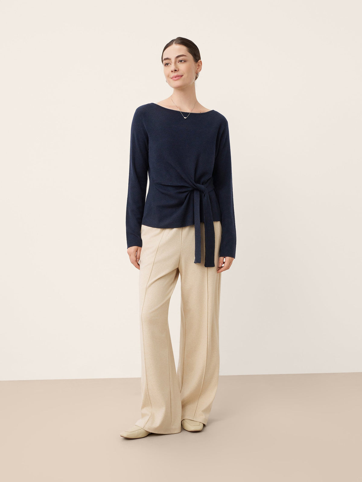 Merino Wool Belted Waist Boat Neck Top NATALIA