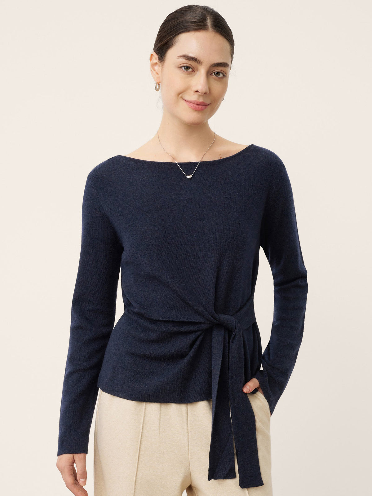 Merino Wool Belted Waist Boat Neck Top NATALIA