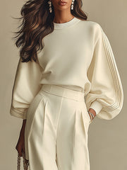 Ivory Ribbed Crew Neck Top And High-waisted Wide-leg Pants Suit